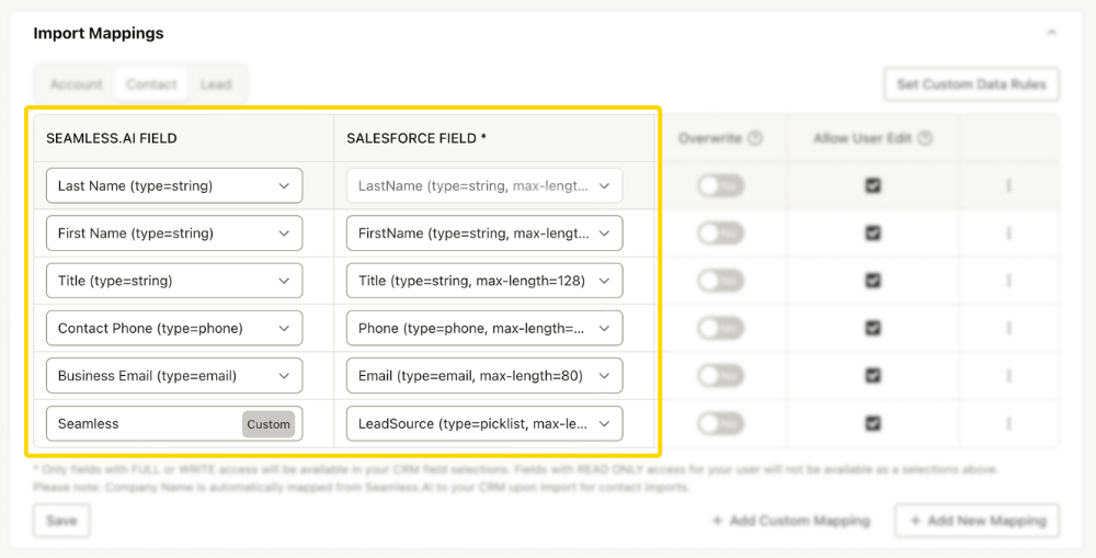 Seamless and Salesforce Fields within Import Mappings Set Up