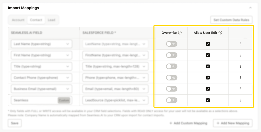 Additional Import Mappings Settings based on Org edit preferences