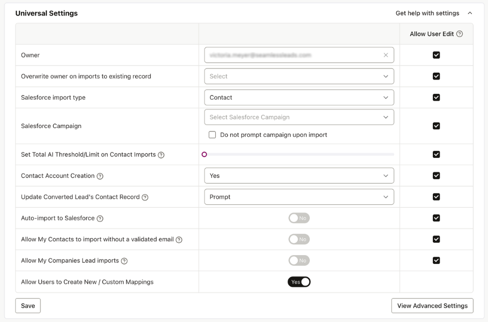 Universal Settings for Salesforce integration