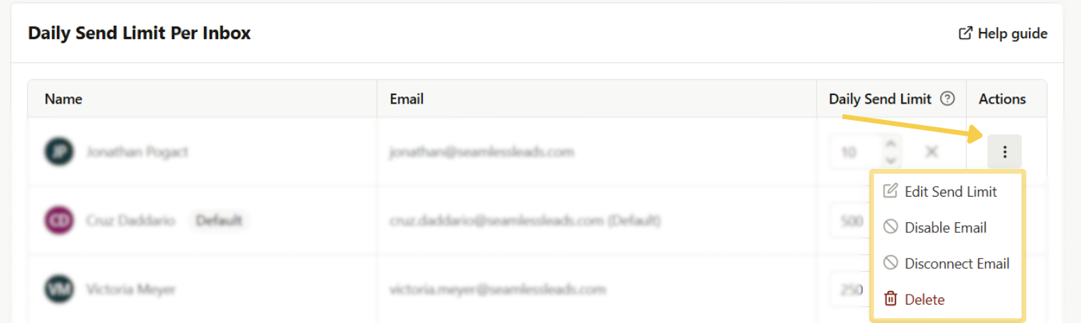 Edit Send Limit of an email through the Action column.