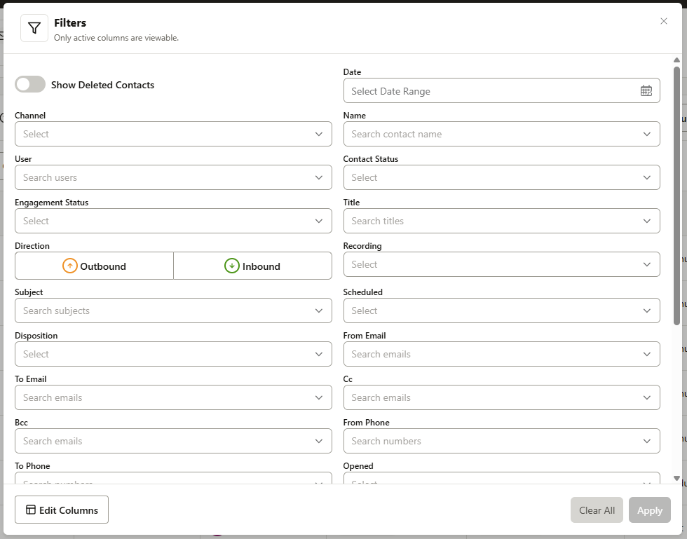 Activity filters available on sort by.