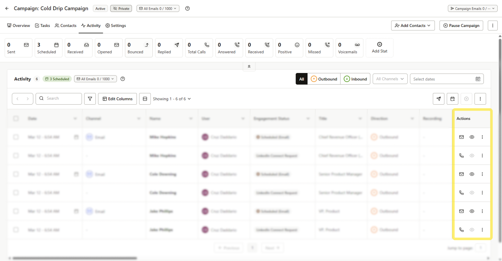 View and manage scheduled emails through the Actions column