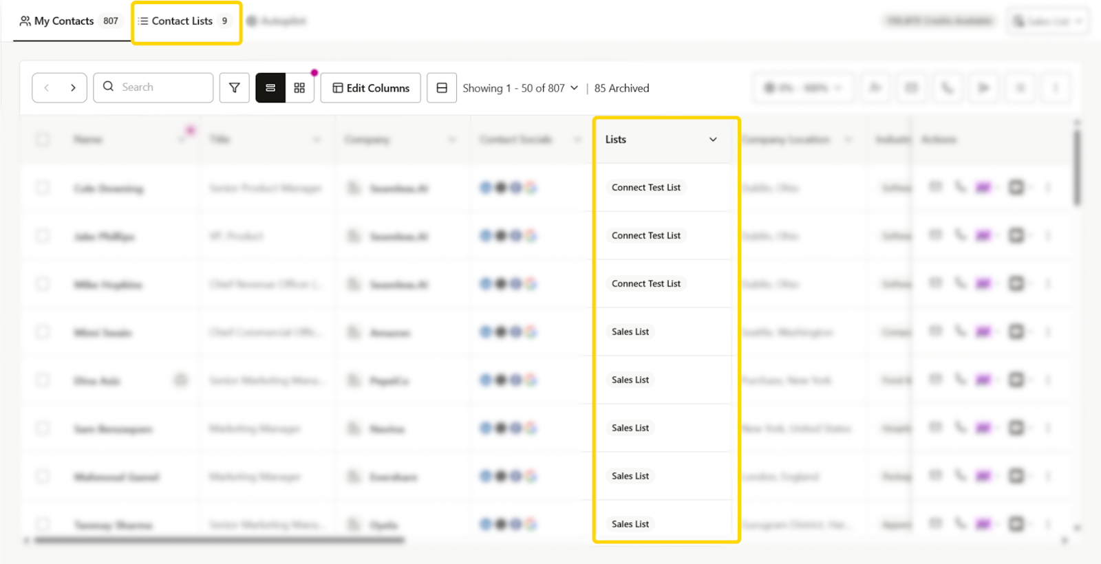 View Contact and Company lists in the Lists column.