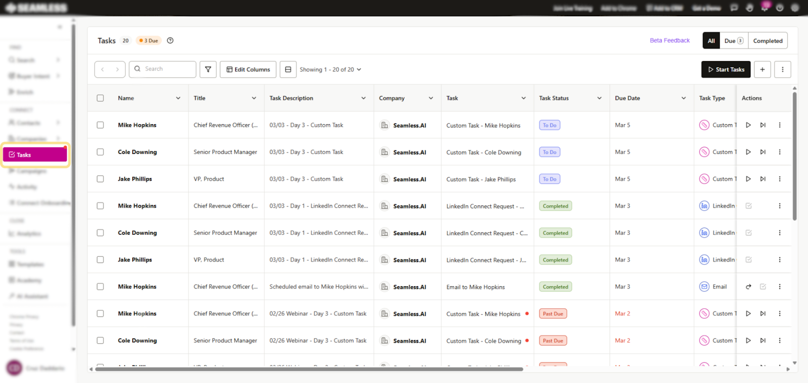 Track and complete engagement from the Tasks page.
