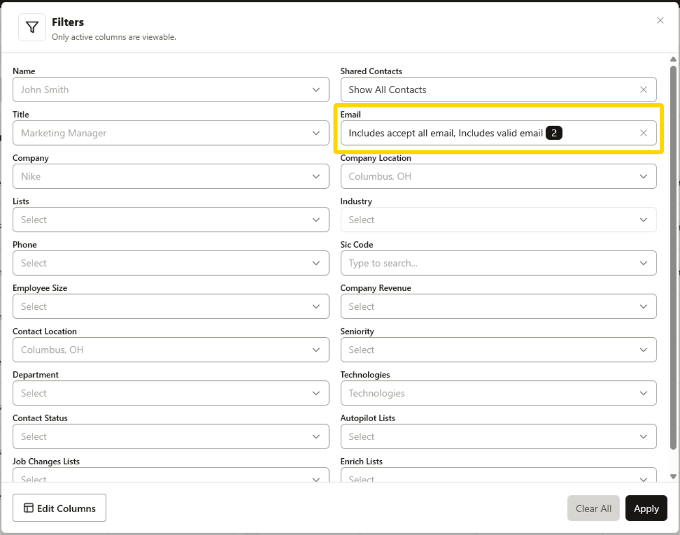 Filter to Valid and Accept All emails on My Contacts