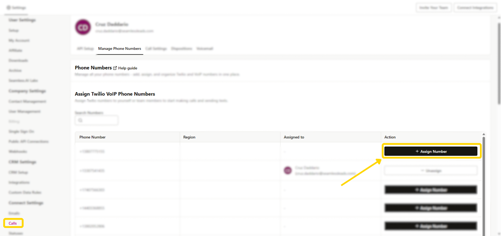 Click Assign Number to assign phone numbers to Seamless org users