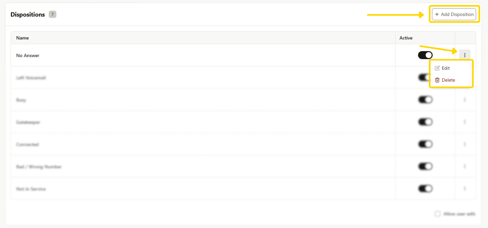 Edit call dispositions or add new ones