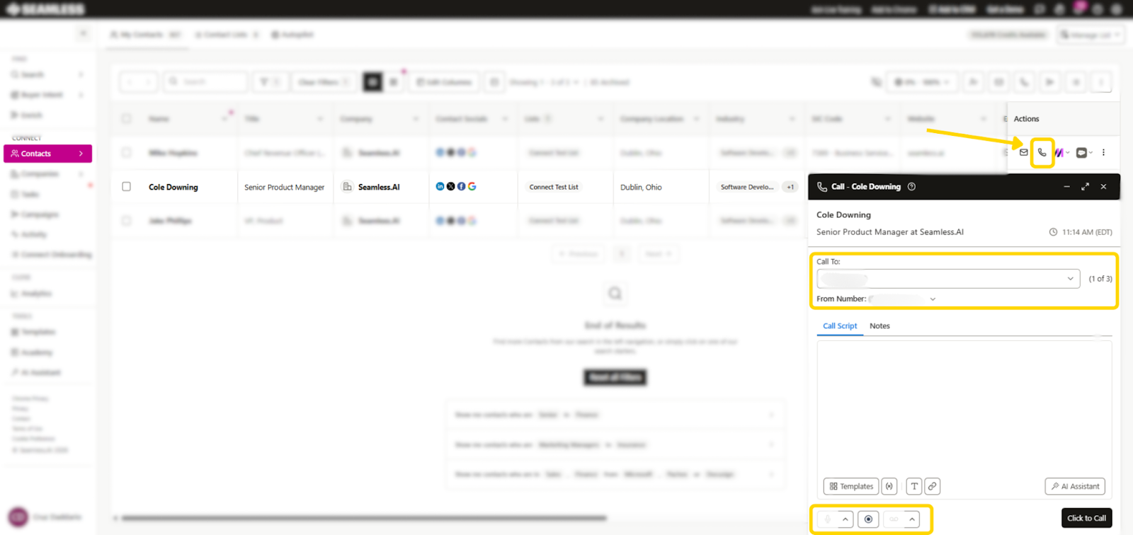 Open the Call Connect Modal from the Actions column