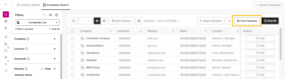 Click Add Contacts pull companies into a Contacts Search.