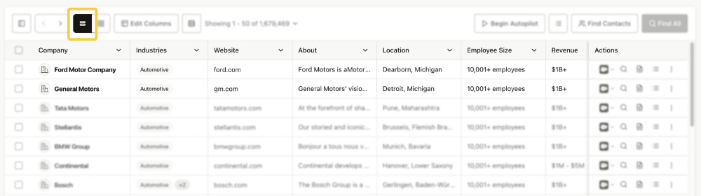 Table Layout view of company information