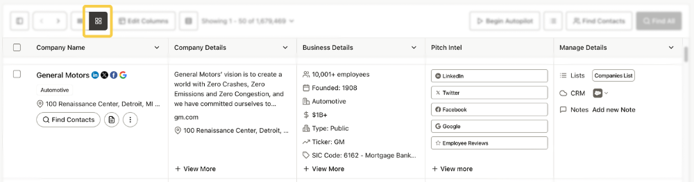Card Layout of company information.