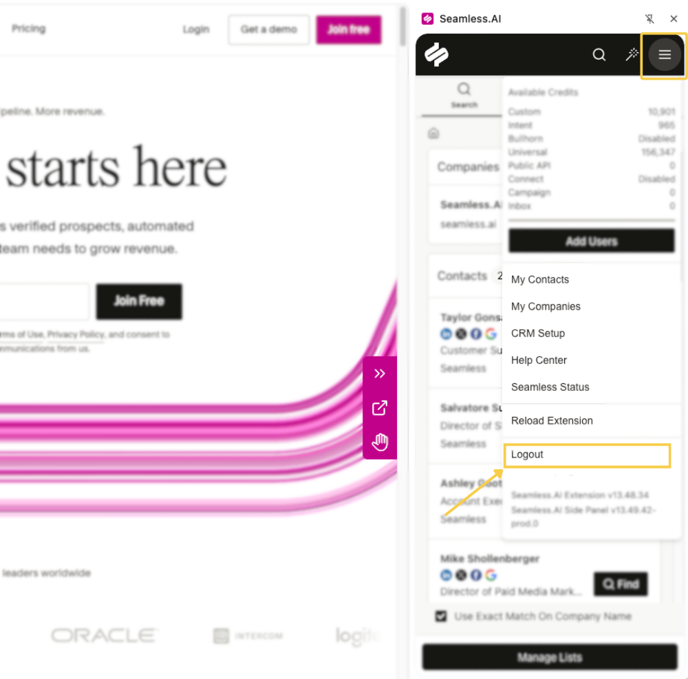 Log out of Seamless Chrome Extension