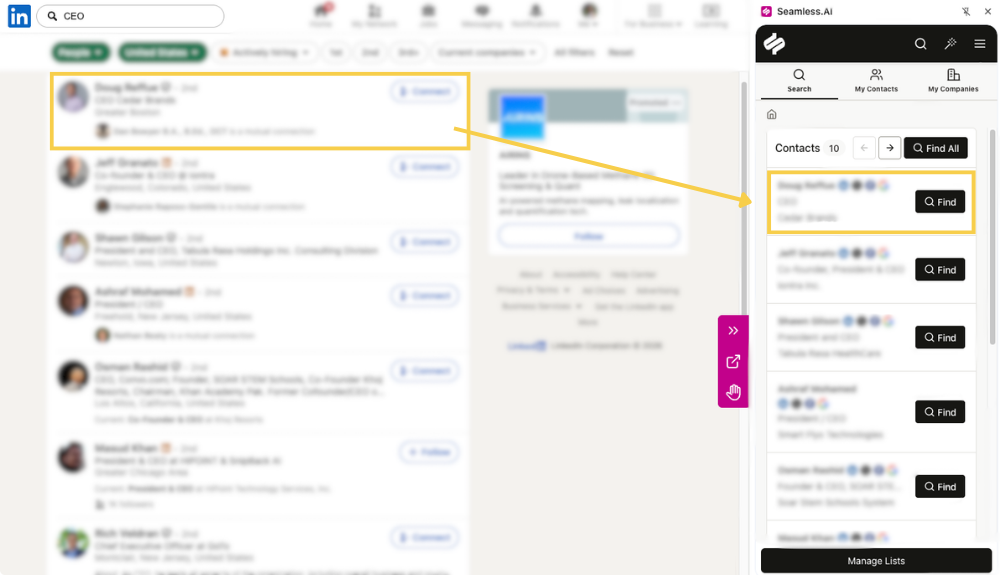 Prospect on LinkedIn in the Seamless Chrome Extension