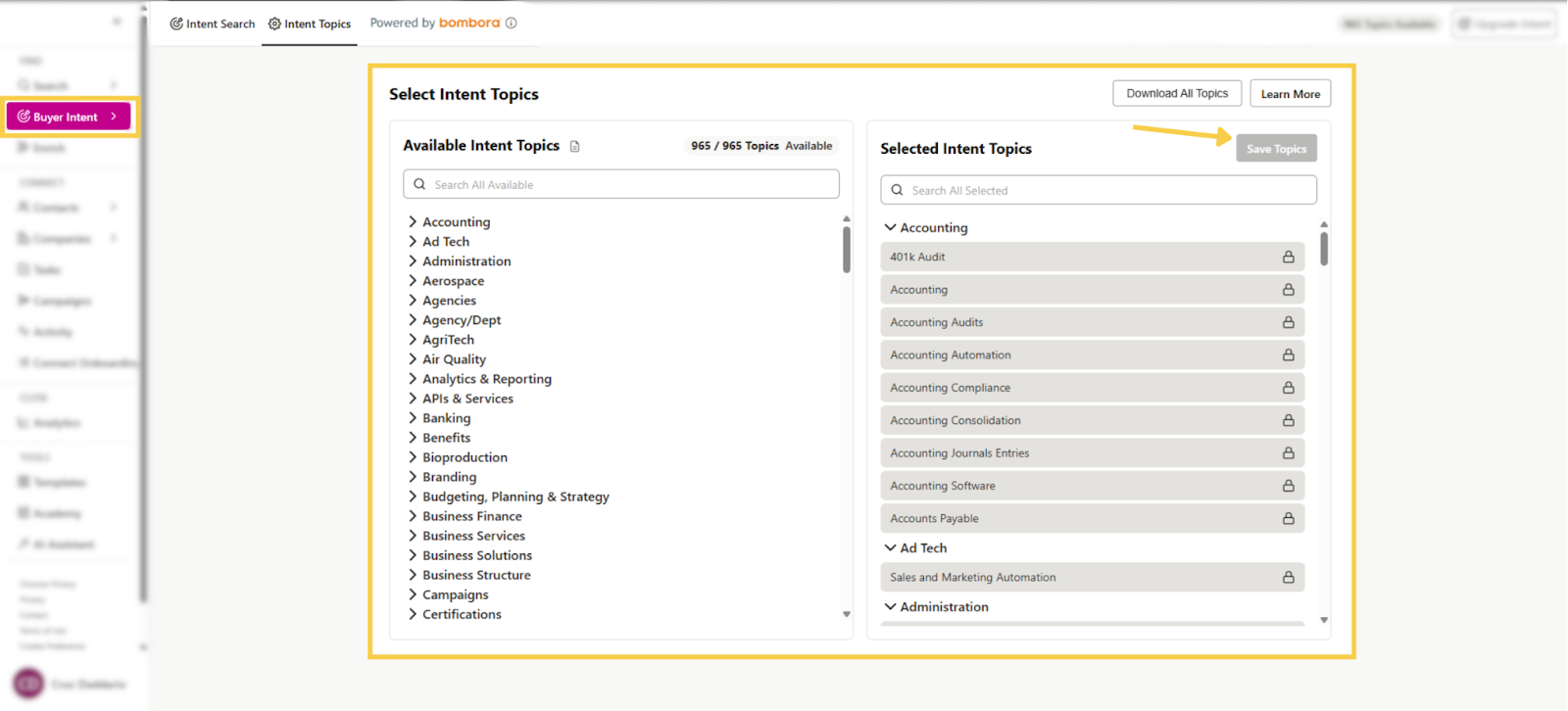 Selecting Intent Topics