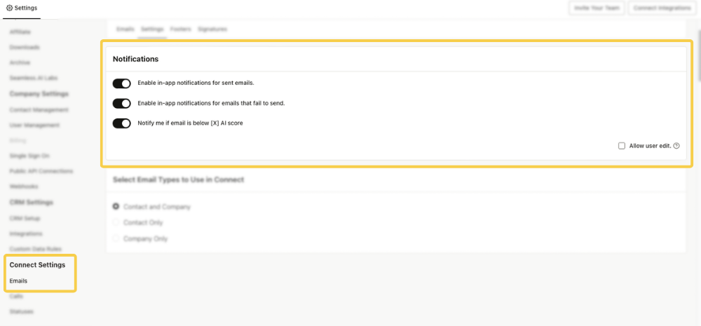 Notification Settings in Connect Settings