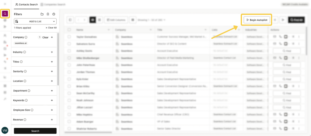 Begin Autopilot in Contacts Search