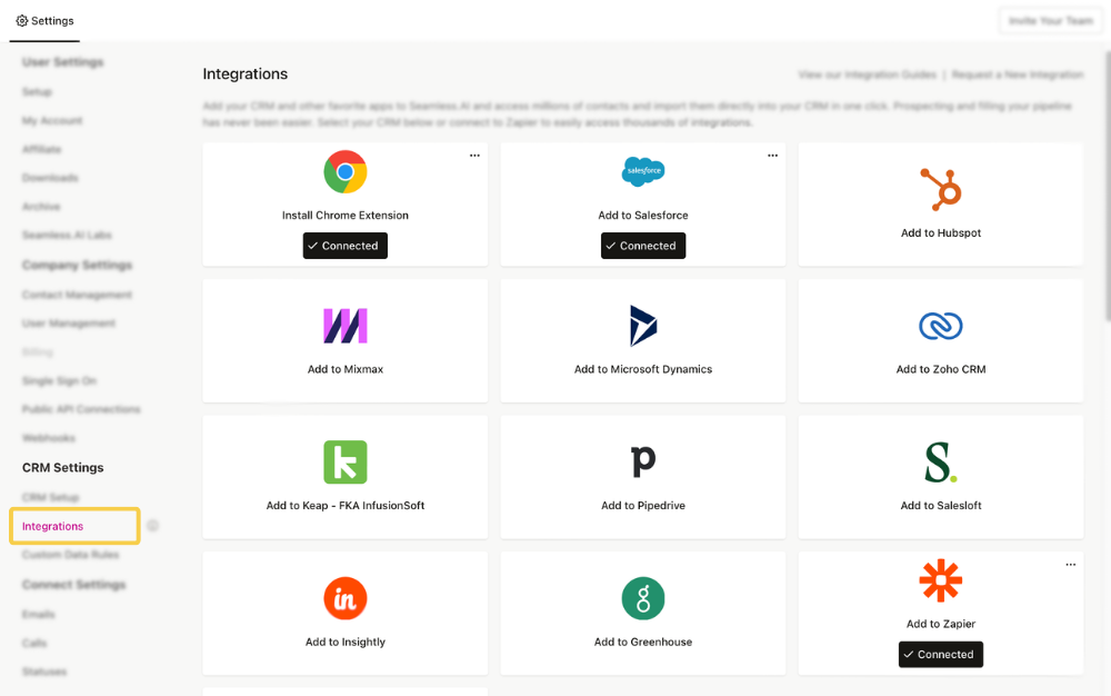 Integrations page in Seamless settings
