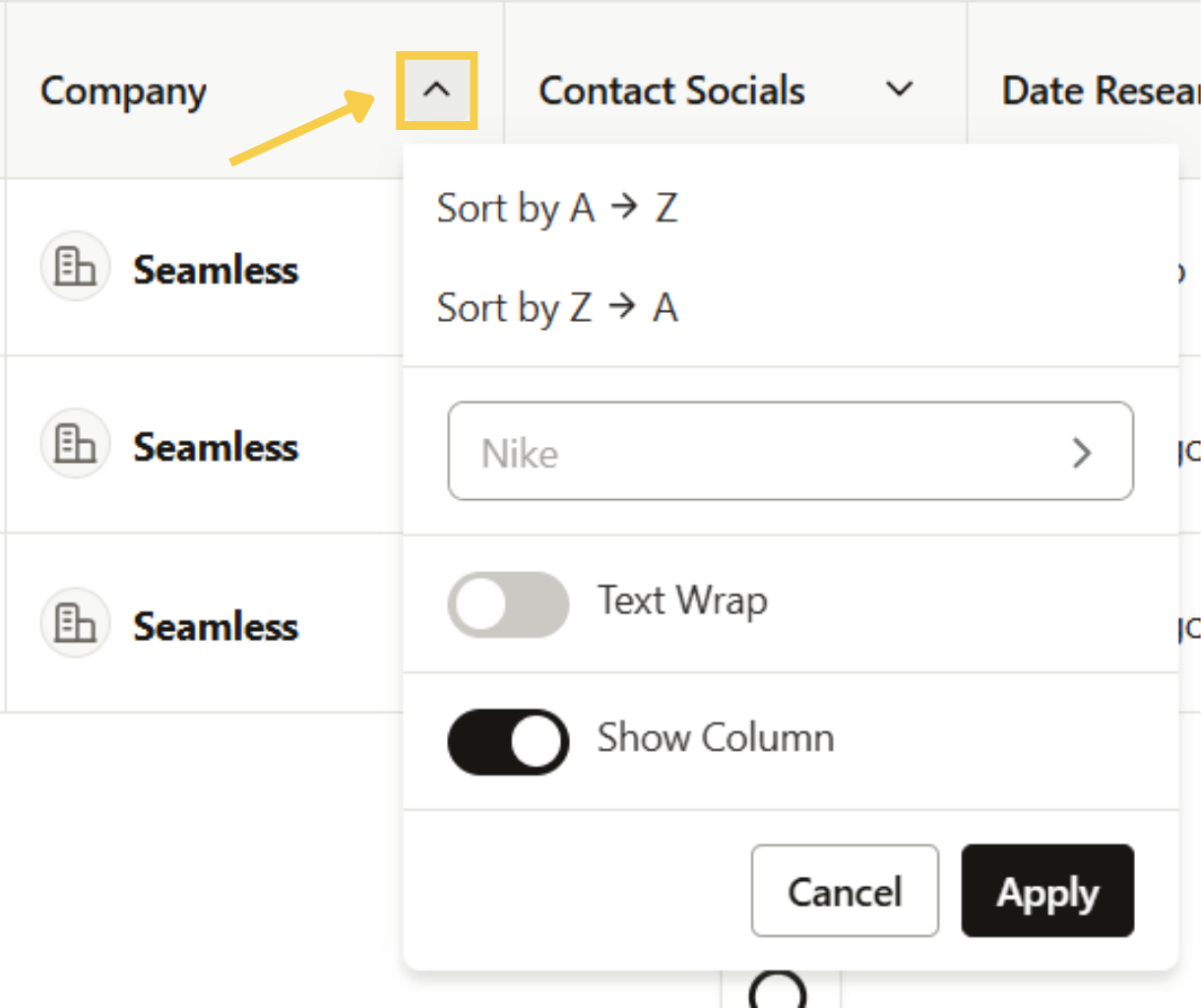 Sort table layout columns 