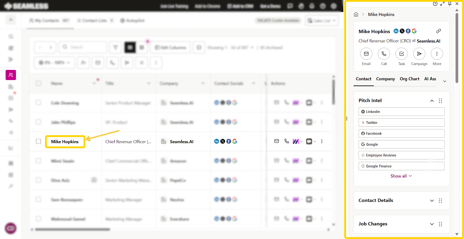 Contact flyout profile open on the right hand side.