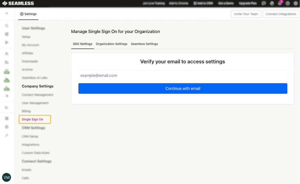 Access SSO Settings through the Single Sign On page