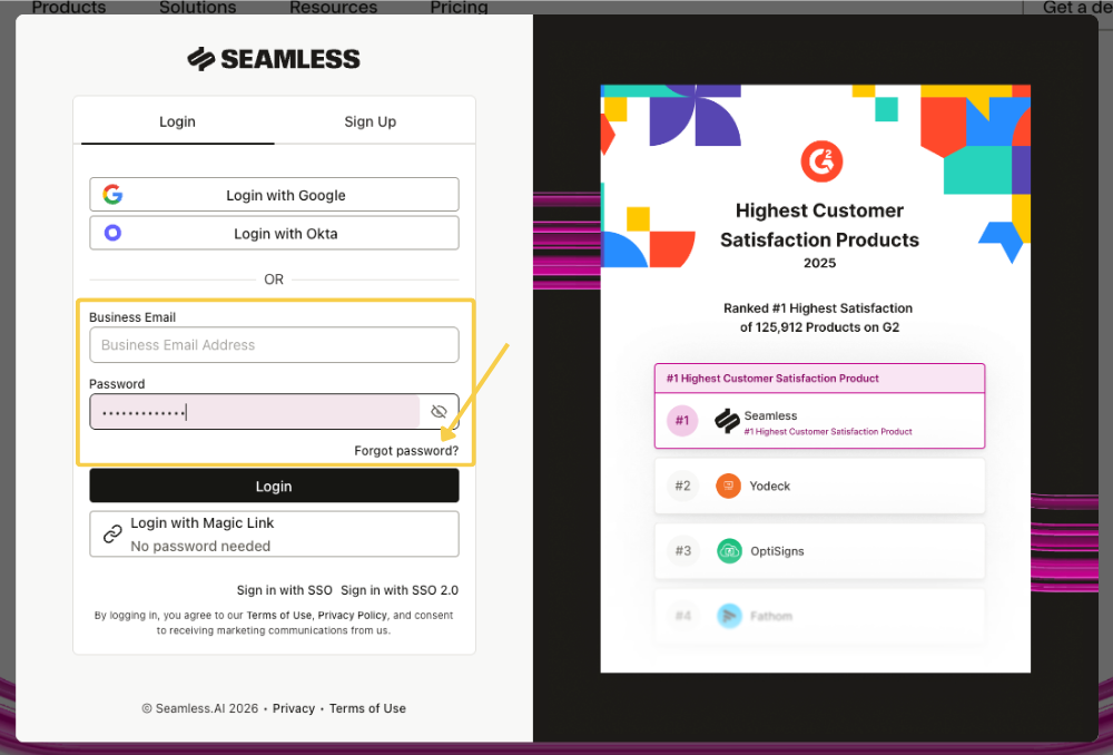 Forgot Password on Login page