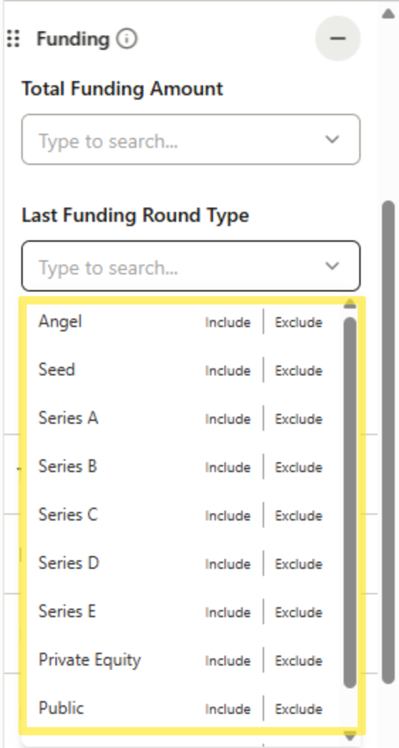 Total Funding Round Search Filter