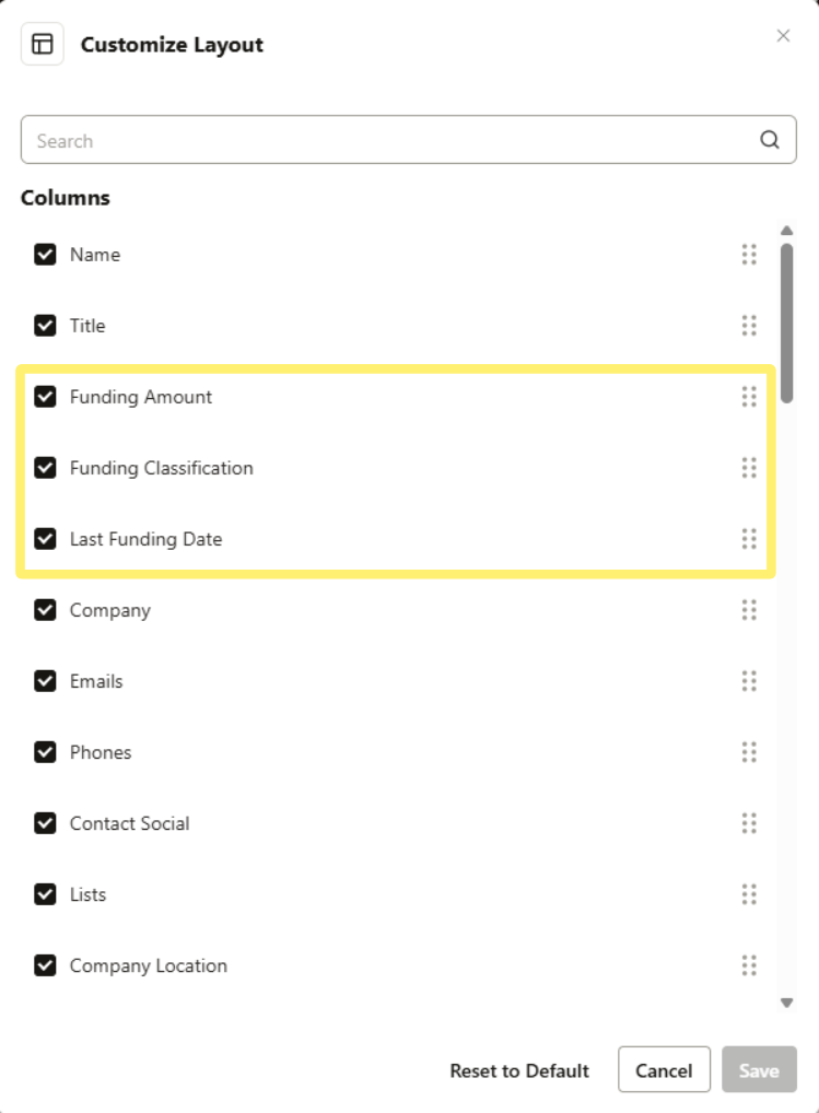 Select the columns and order of your table layout