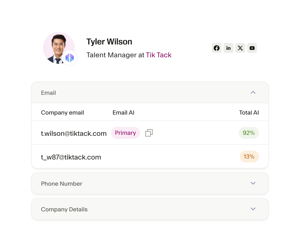 A contact card showing emails next to their AI confidence scores.