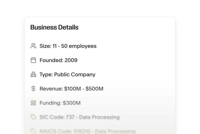 A Business Details block showing data points for an individual company.