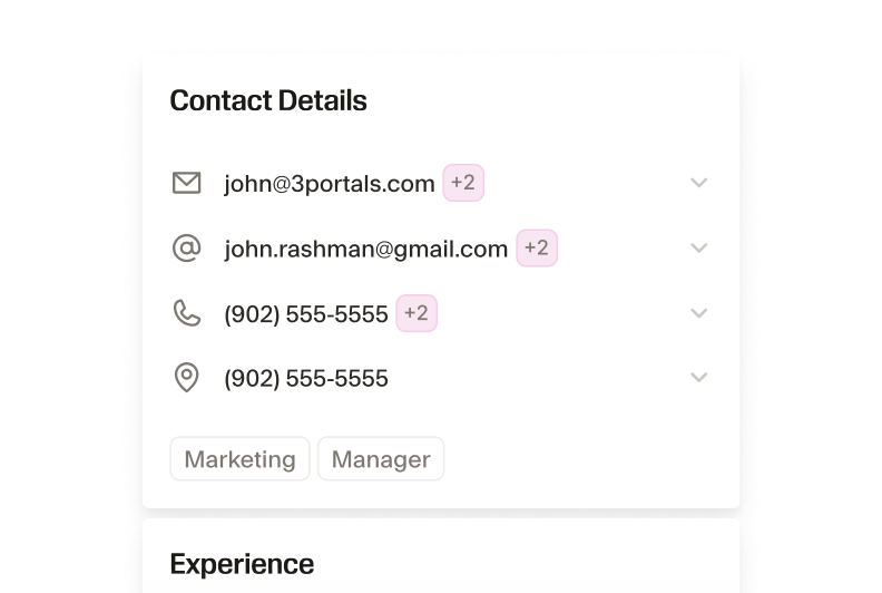 A Contact Details block showing full contact information.