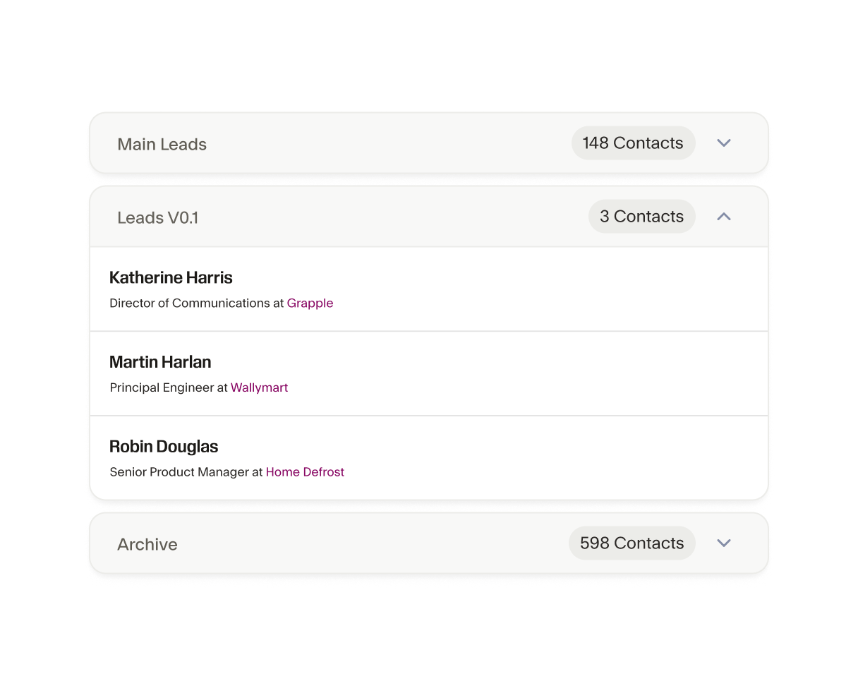 3 list categories of Main, Current Leads list, and Archive, with Current Leads being expanded to show 3 contact cards.