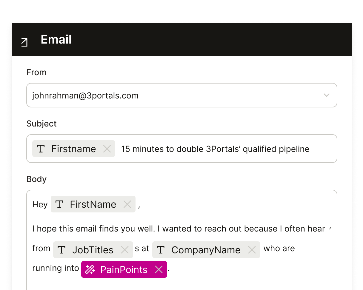An email composition with tokens of data points being inserted into the message body.