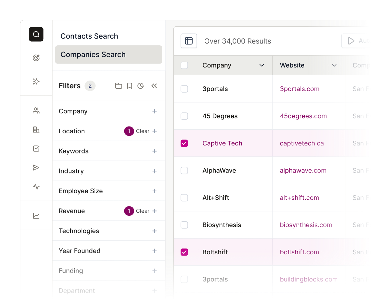 Seamless platfrom showing filtered company search results.