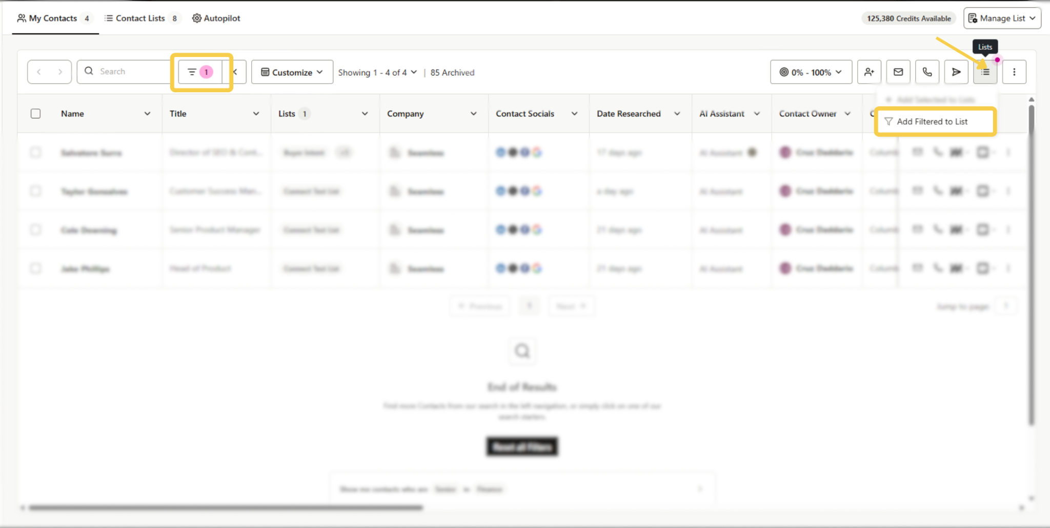 Move filtered contacts to a list