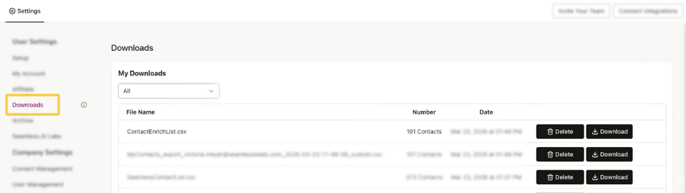 Downloads in Settings