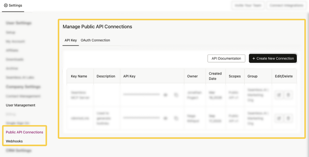 Public API Connections and Webhooks 