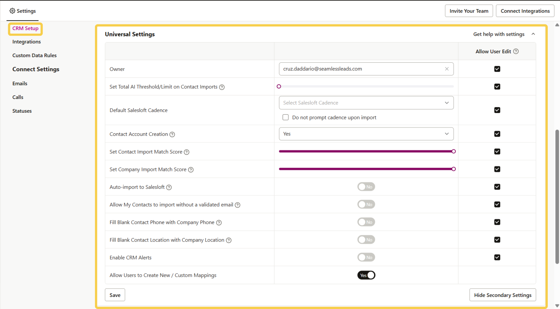 Salesloft settings and import mappings