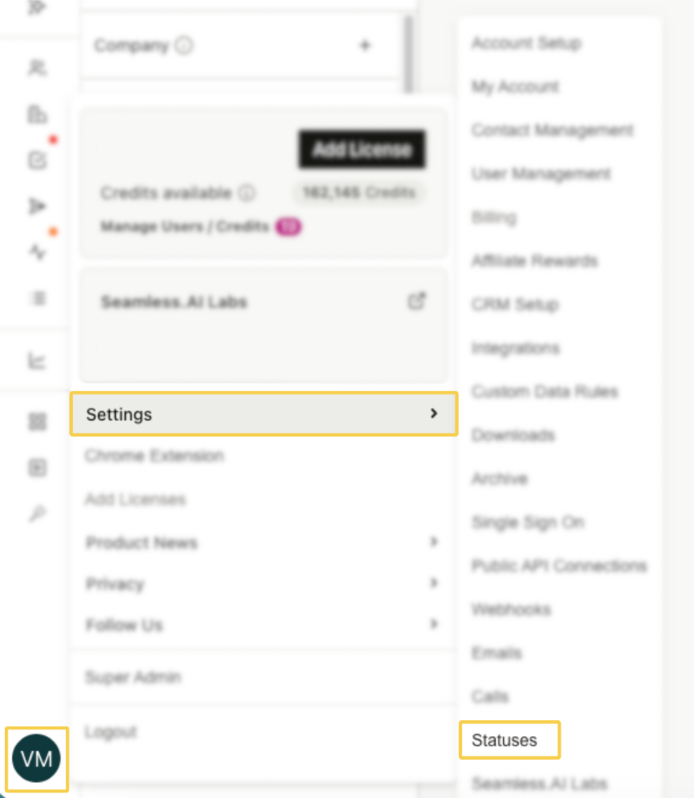 Status page in settingss