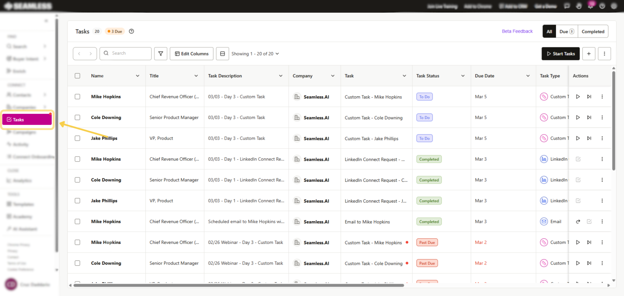 Tasks page
