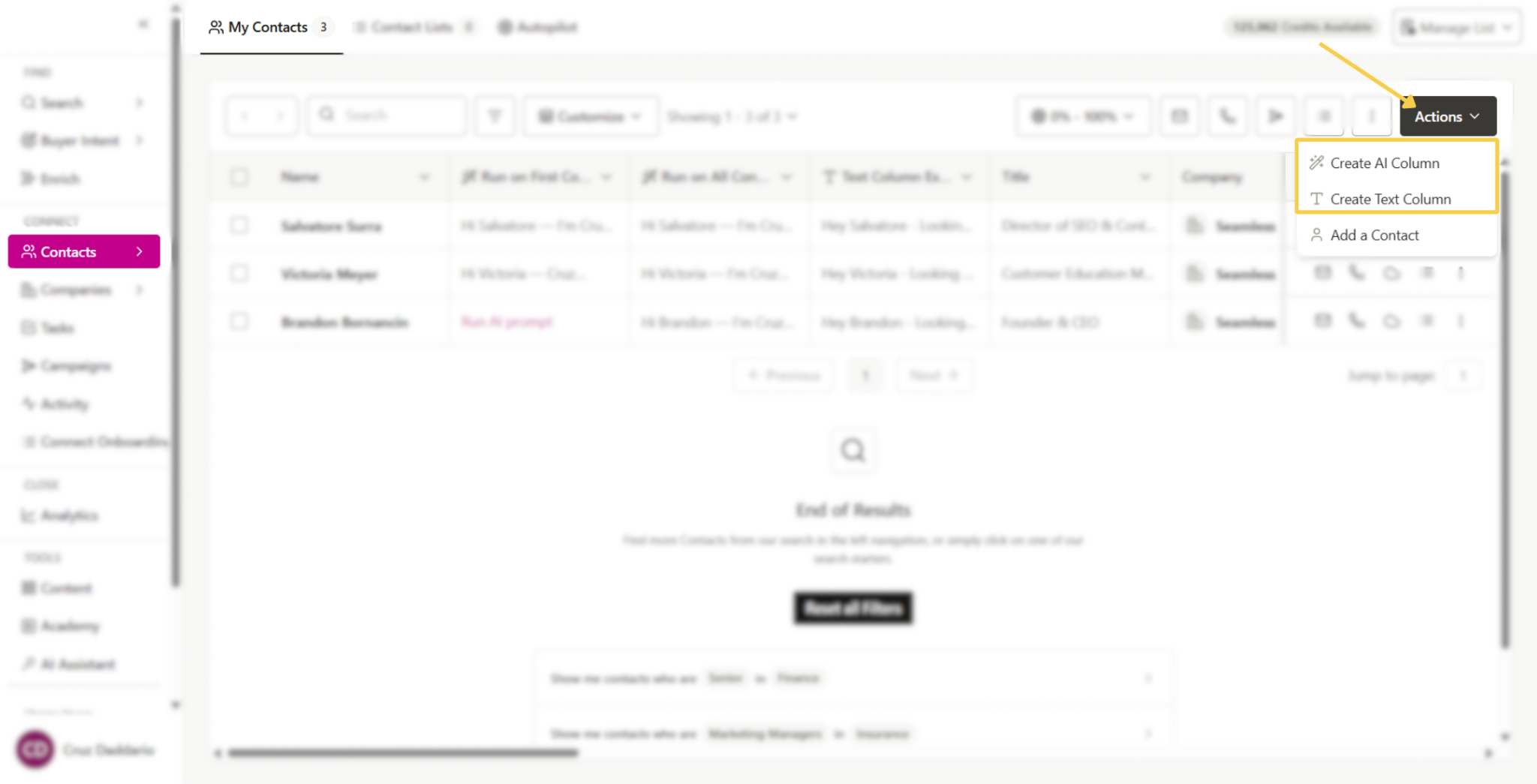 Actions Button in Top Right