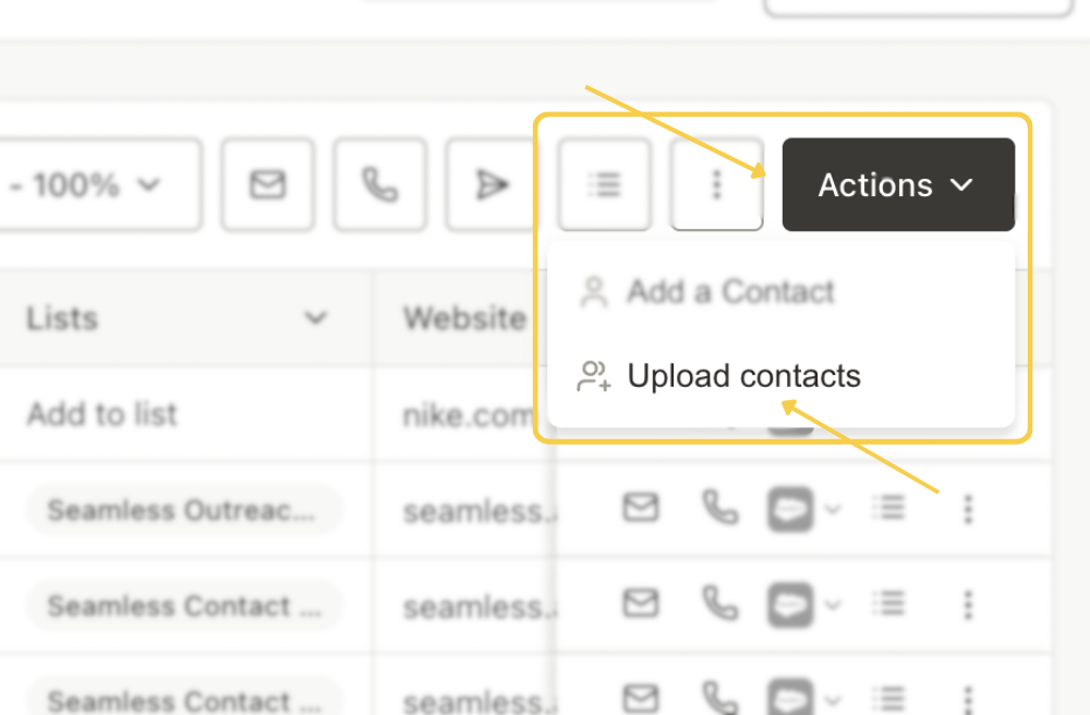 Actions button to Upload Contacts by CSV