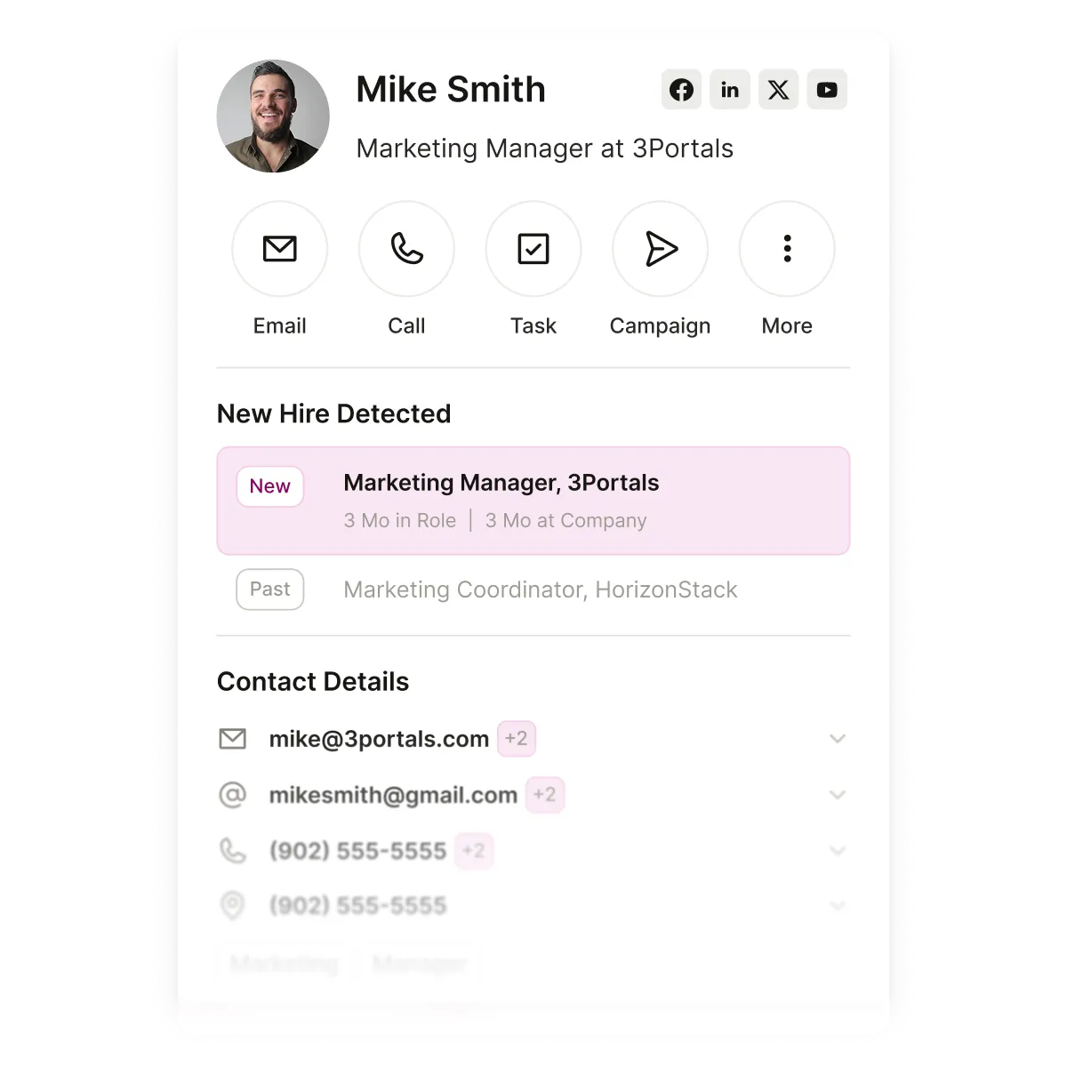 A full contact card highlighting a recent job change.