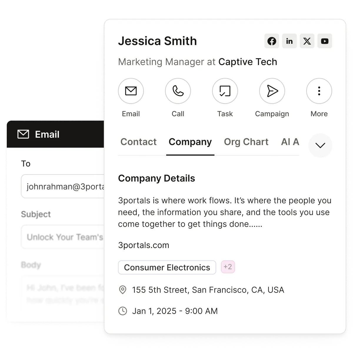 An overlay of a full contact card with the start of an email correspondence underneath.
