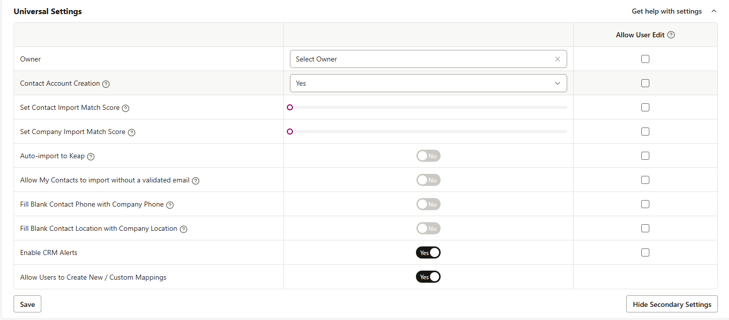 Keap Universal Settings