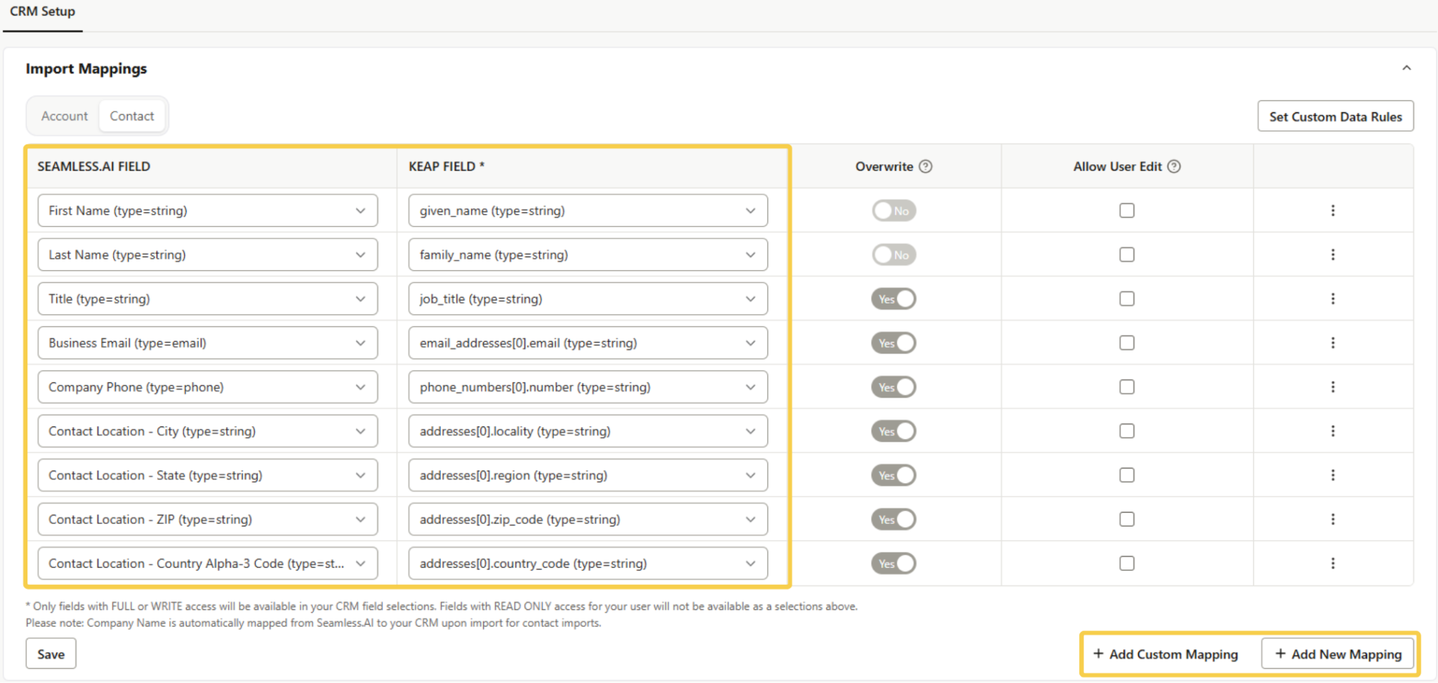 Seamless and Keap Import Mappings