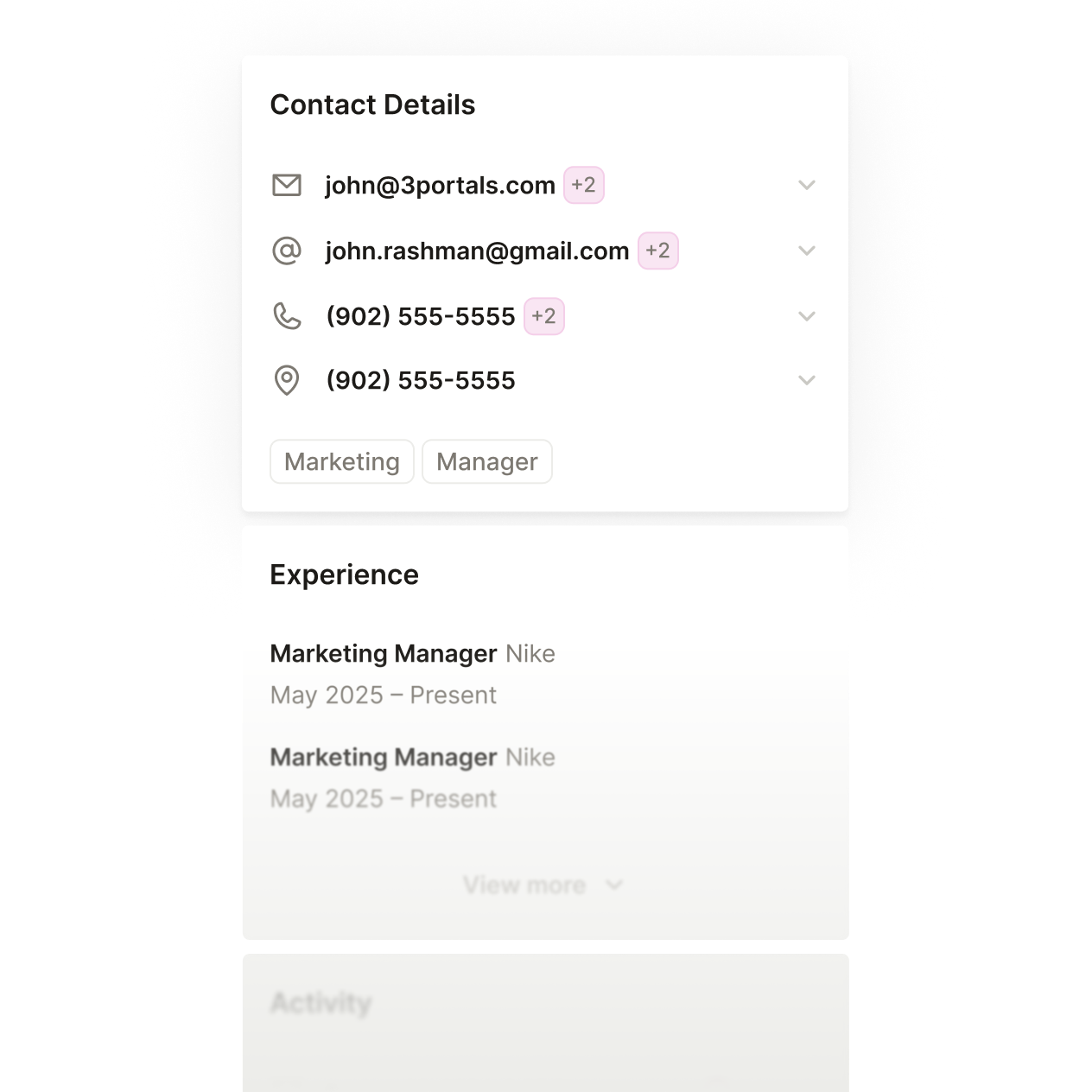 A Contact Details block showing full contact information and an Experience block below highlighting the contact's recent roles.