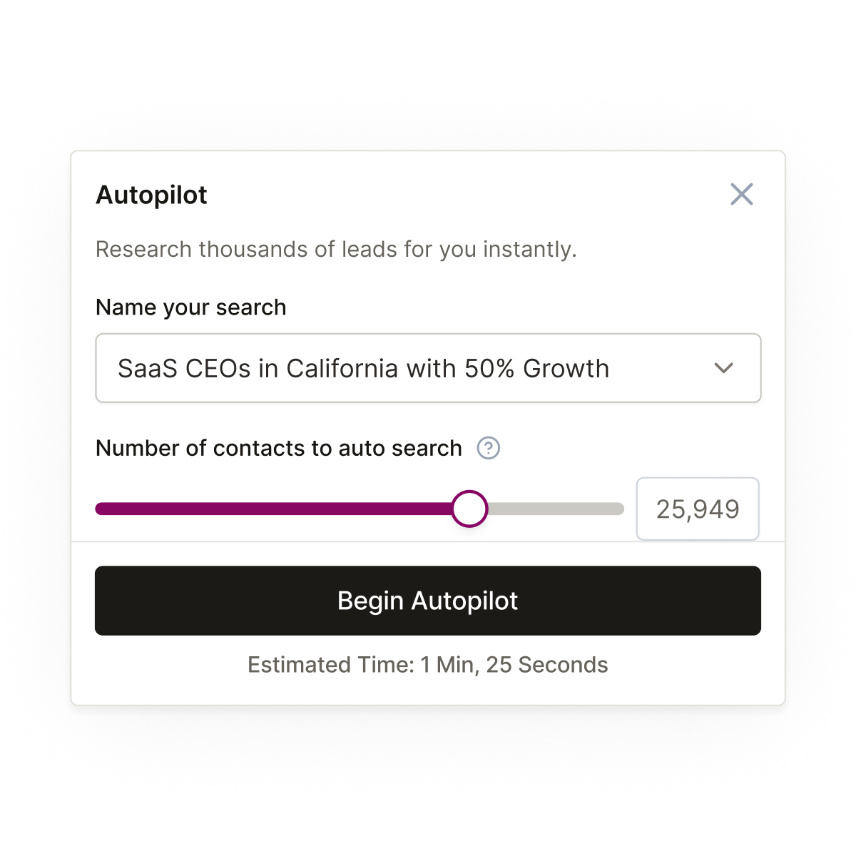 An Autopilot setup block being setup to find SaaS CEOs in California with 50% growth.