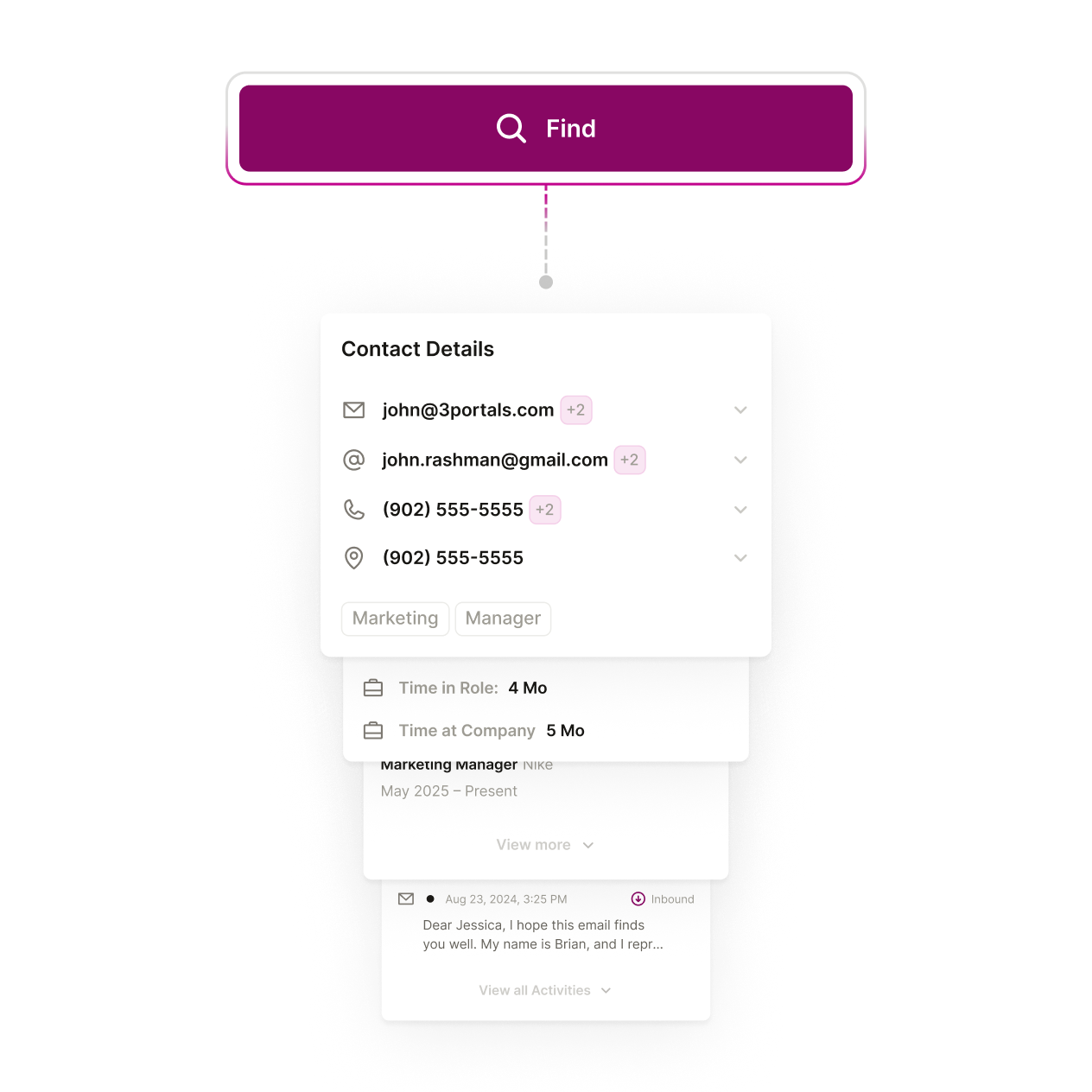 A Seamless Find button connected to a Contact Details block on top of a stack of other information.
