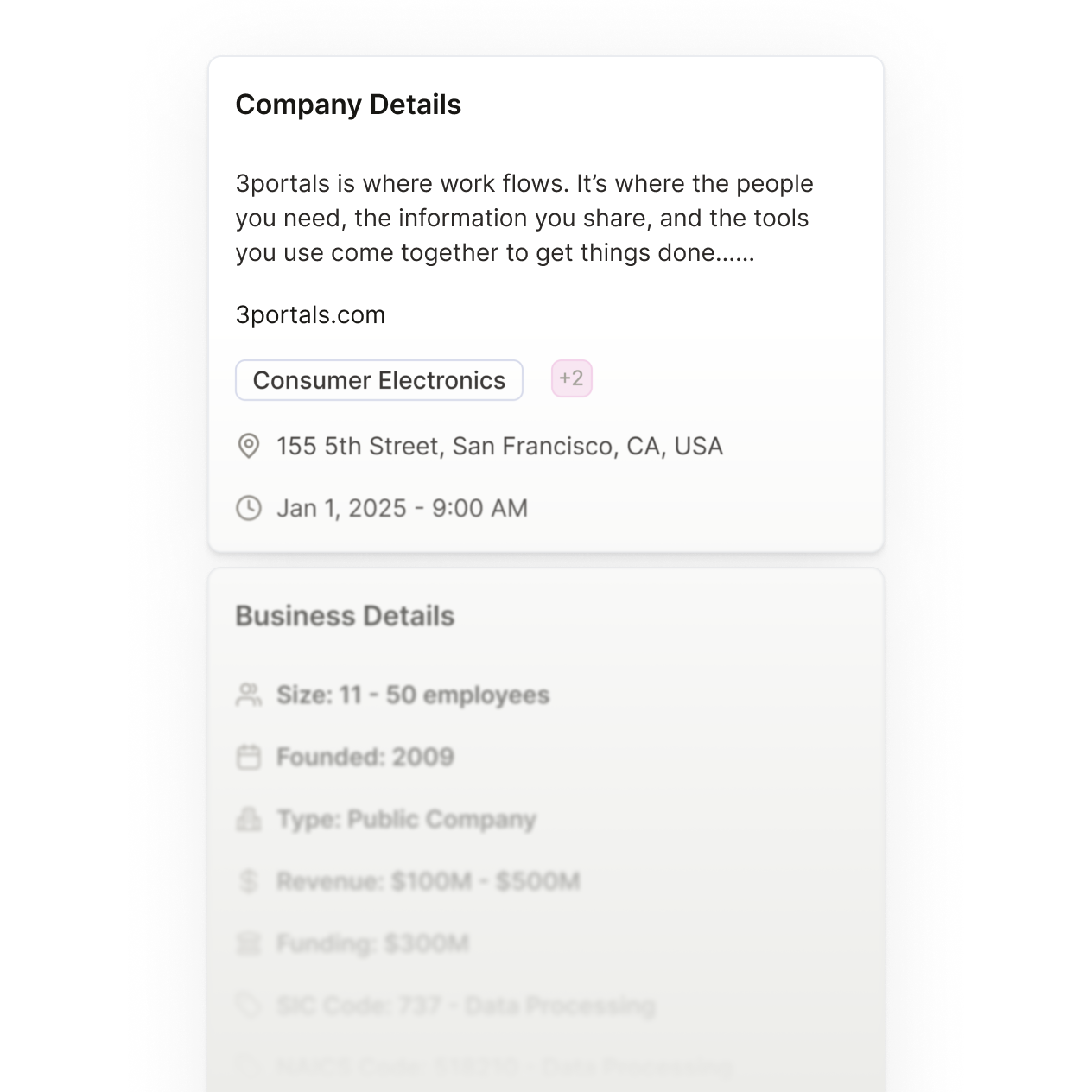 Company Details block that give a brief summary for a specific company.