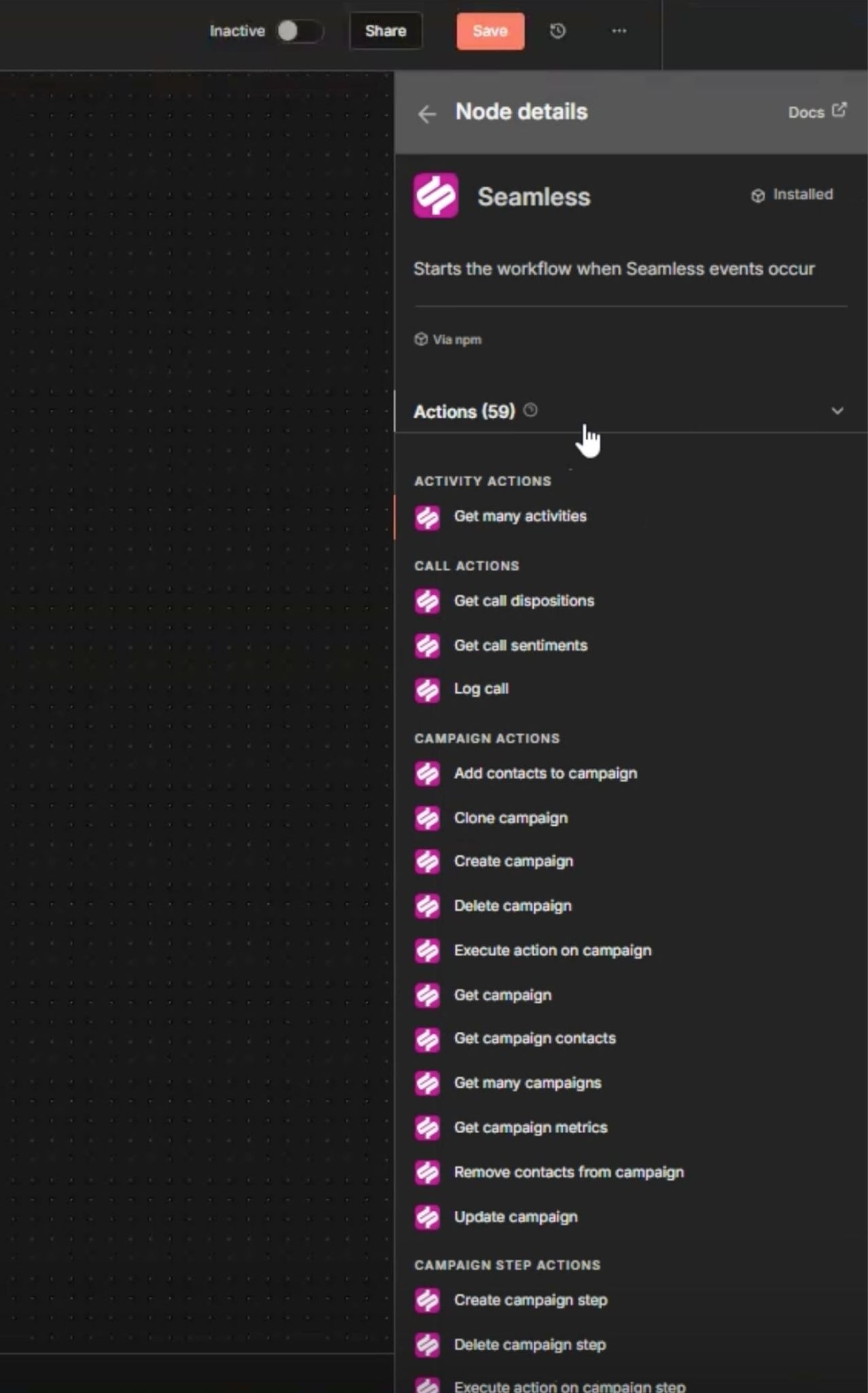 Seamless action nodes within n8n